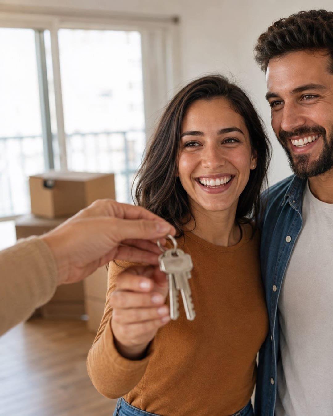 Casal recebendo as chaves de um apartamento novo