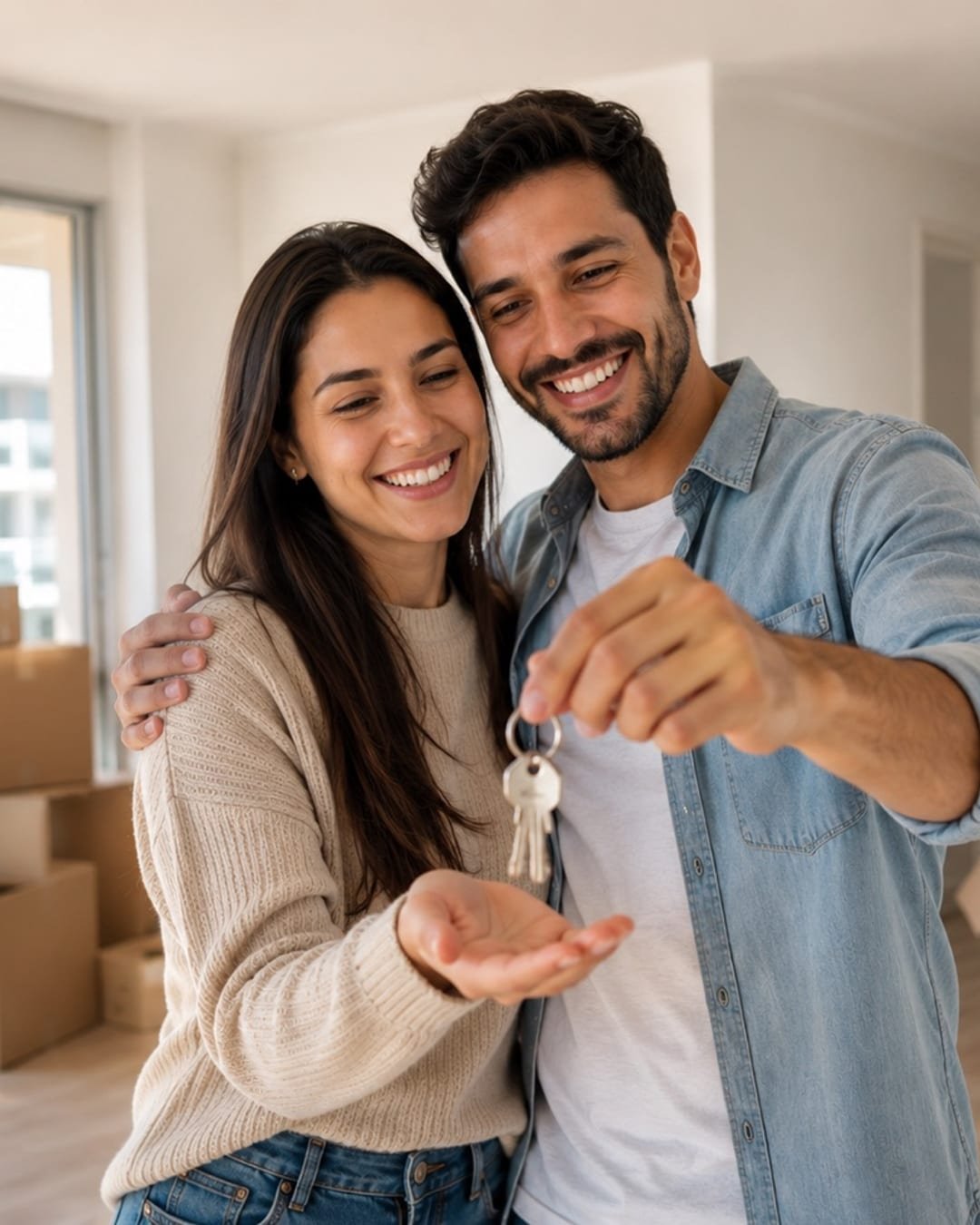 Casal feliz com as chaves do apartamento novo